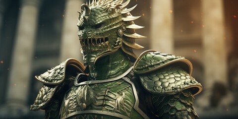 Portrait of a reptilian alien, green and scaly, with a crest of spikes running down its head, donned in ancient Roman armor, amidst a coliseum backdrop