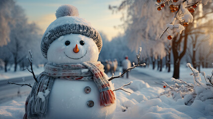 Cute snowman in a knitted hat and scarf, dusted with snow, standing in winter park at sunset. Merry Christmas and New Year Greeting Card