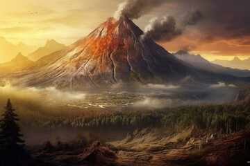 active volcanic mountain in Indonesia. Generative AI - obrazy, fototapety, plakaty