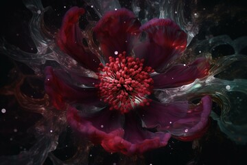 A mesmerizing cosmic anemone against a deep burgundy backdrop in a fluid art style. Generative AI