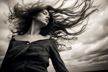 Contrast view of woman, clouds in sky, wind-swept hair, storm approach