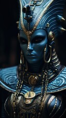 Fototapeta premium Portrait of an alien being with shimmering blue skin, adorned in ancient Egyptian royal attire, holding a golden ankh