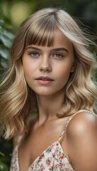 Naklejka premium cute young blonde fashion model, smiling. garden background, summer dress, generative ai