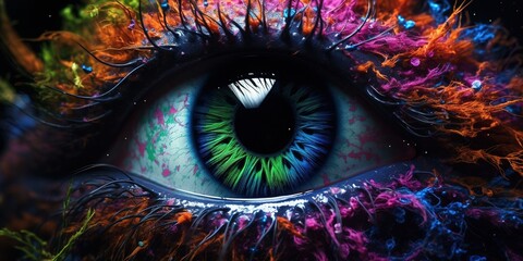 The mesmerizing eyes of an alien creature are captured in vivid detail, each iris a swirling galaxy of colors, with depth and mystery suggesting intelligence beyond comprehension - obrazy, fototapety, plakaty
