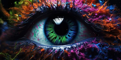 Muurstickers The mesmerizing eyes of an alien creature are captured in vivid detail, each iris a swirling galaxy of colors, with depth and mystery suggesting intelligence beyond comprehension © EOL STUDIOS