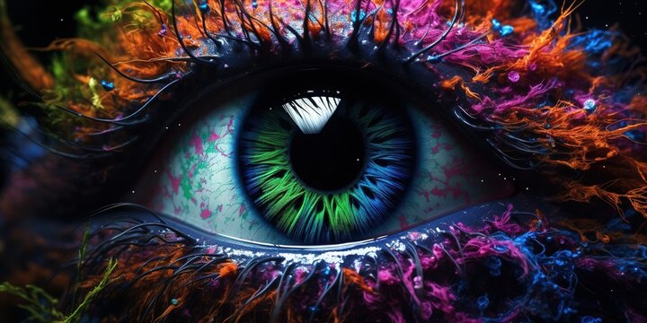The mesmerizing eyes of an alien creature are captured in vivid detail, each iris a swirling galaxy of colors, with depth and mystery suggesting intelligence beyond comprehension