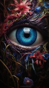 The mesmerizing eyes of an alien creature are captured in vivid detail, each iris a swirling galaxy of colors, with depth and mystery suggesting intelligence beyond comprehension