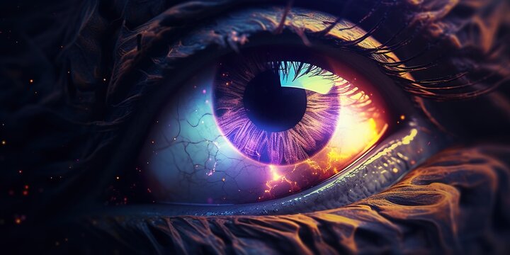 The mesmerizing eyes of an alien creature are captured in vivid detail, each iris a swirling galaxy of colors, with depth and mystery suggesting intelligence beyond comprehension