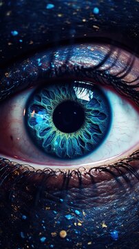 The mesmerizing eyes of an alien creature are captured in vivid detail, each iris a swirling galaxy of colors, with depth and mystery suggesting intelligence beyond comprehension