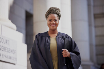 Black woman, portrait and judge at the court for justice, empowerment and confidence of leader in law, jury or success in case. Happy, African lawyer and working at office, building or courthouse