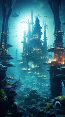 Underwater city remains, with technologically advanced alien machinery still operational, emitting soft pulsating lights