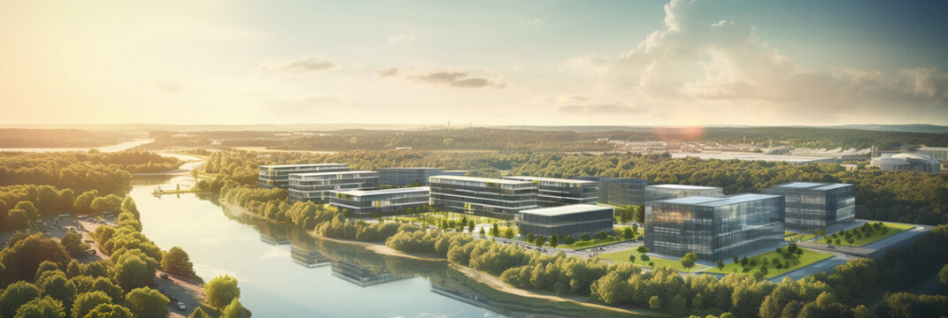 Fototapeta Aerial view of an office park, multiple low-rise buildings surrounded by greenery, parking lots, and a small lake