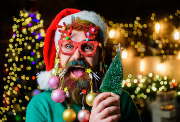 Merry Christmas and Happy New Year. Bearded man in Santa hat and party glasses with small Christmas tree. Happy Santa man with Christmas decorated beard holds little green fir-tree. Winter holidays. - obrazy, fototapety, plakaty