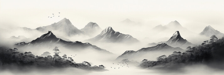 Monochromatic ink wash painting, traditional Japanese landscape, mountainous background, soft mist, zen-like simplicity - obrazy, fototapety, plakaty