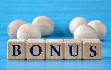 BONUS - word on wooden cubes on a blue background with wooden round balls