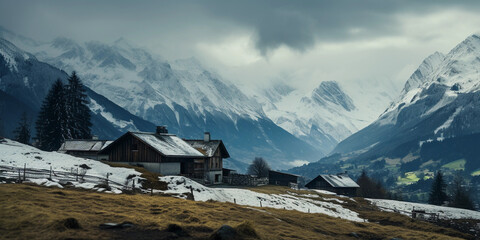 Mountain village in Switzerland, wooden chalets, snow-covered peaks in background, outdoor fireplace