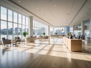 Fototapeta na wymiar Office building interior, open-concept, minimalist furniture, large windows letting in soft light