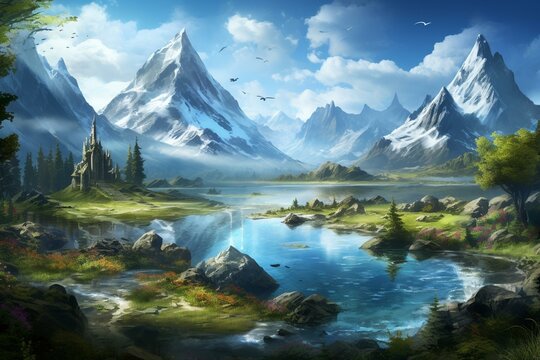An image showing a scenic landscape with mountains and a lake in the center. Generative AI