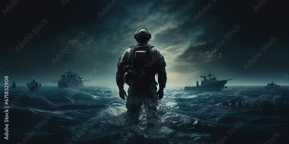 Wall mural modern U.S. Navy SEAL in wetsuit and tactical gear, emerging from the ocean at night. Background of a submarine and moonlit sea, focus on the camo and gear