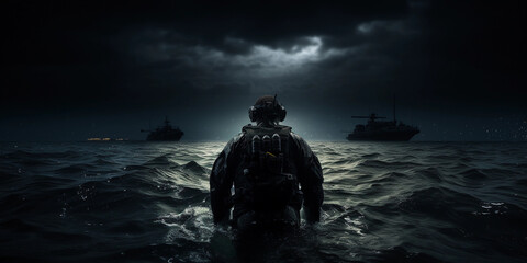 modern U.S. Navy SEAL in wetsuit and tactical gear, emerging from the ocean at night. Background of a submarine and moonlit sea, focus on the camo and gear - Powered by Adobe