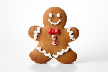 A cheerful gingerbread man cookie with a smiling face, decorated with white icing along its arms and legs, and three red buttons down its front.