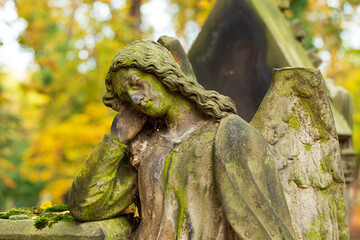 Historic Statue on the autumn mystery old Prague Cemetery, Czech Republic