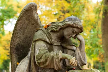 Foto op Plexiglas Historic Statue on the autumn mystery old Prague Cemetery, Czech Republic © Kajano