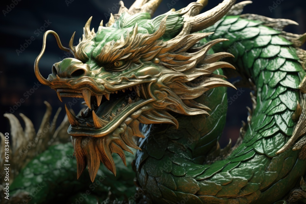 Aufkleber A close-up view of a dragon statue against a dark background. This image can be used to add a touch of mystery and fantasy to various projects.
