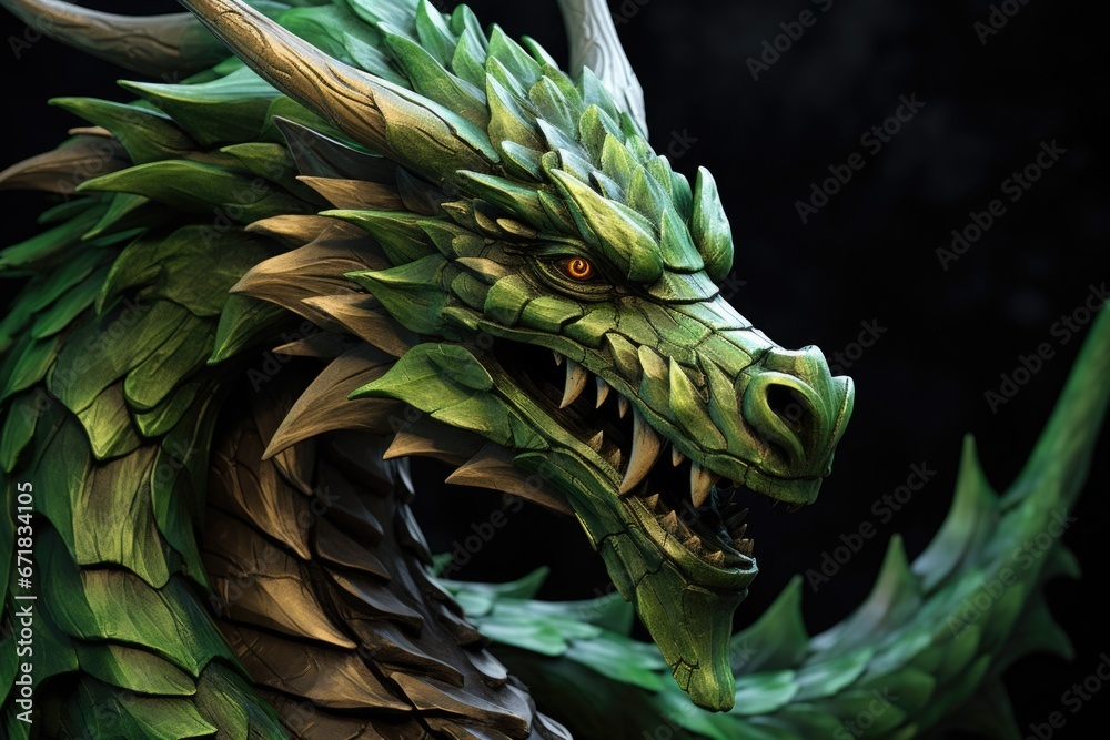 Poster a detailed close up of a dragon statue. this image can be used for fantasy-themed projects or to rep