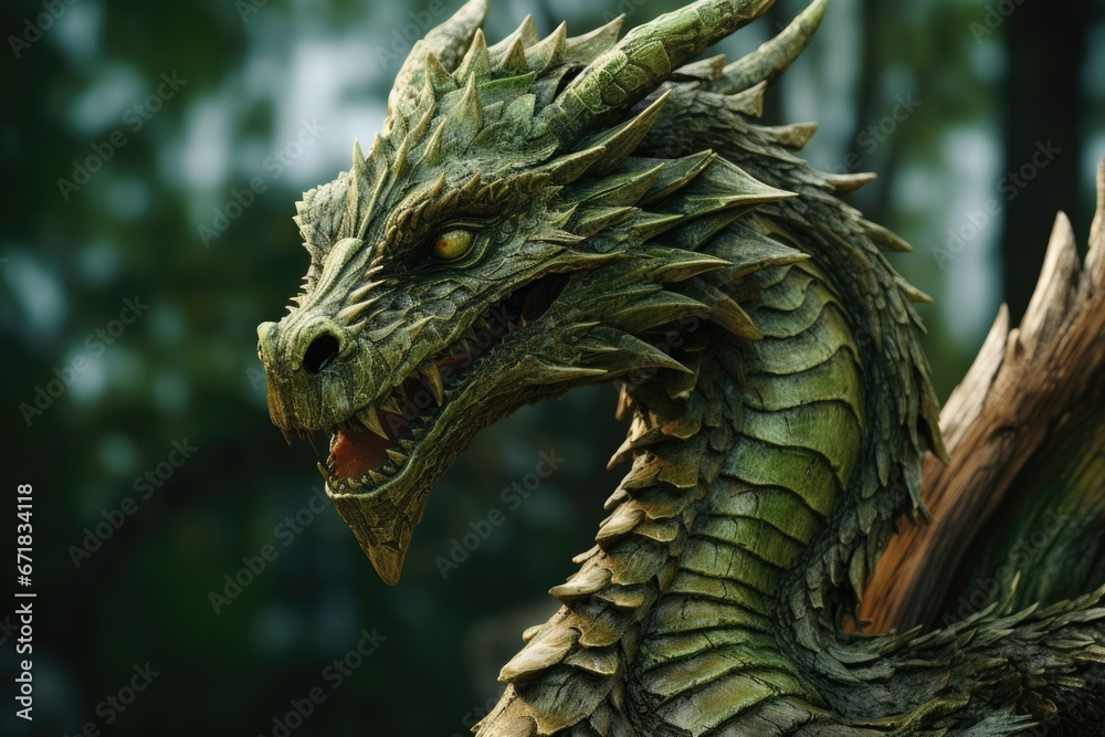 Poster a close-up view of a dragon statue. this image can be used for various purposes, such as fantasy-the