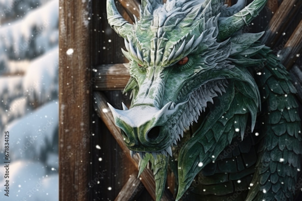 Aufkleber a picture of a green dragon statue standing in the snow. this image can be used for fantasy-themed d