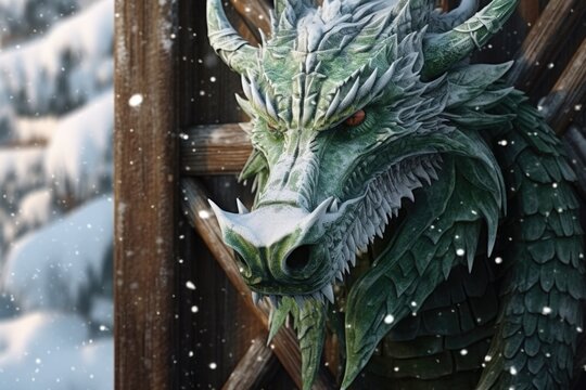 A picture of a green dragon statue standing in the snow. This image can be used for fantasy-themed designs or to represent mythical creatures in winter settings.