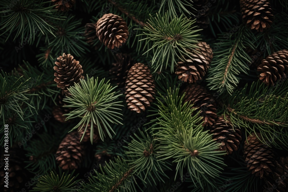 Poster A cluster of pine cones hanging from the branches of a tree. This image can be used to depict nature, autumn, or forest themes.