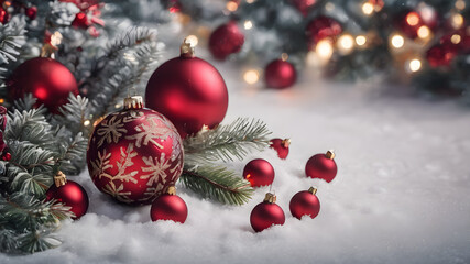 Fototapeta na wymiar background with christmas tree decoration, Winter themed home decor, red christmas tree balls