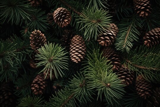 A cluster of pine cones hanging from the branches of a tree. This image can be used to depict nature, autumn, or forest themes.