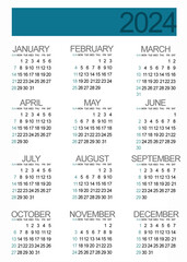 Simple 2024 calendar in light blue and white background. Week starts on Sunday.