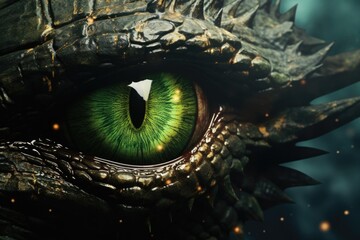 A detailed close-up of a green dragon eye. Perfect for fantasy or mythical themes.