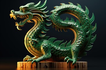 Obraz premium A statue of a green dragon placed on a wooden base. Perfect for fantasy-themed decorations or as a collector's item.