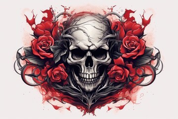A detailed drawing of a skull and roses on a plain white background. This image can be used for various purposes, such as tattoo designs, rock band merchandise, or Halloween-themed projects.