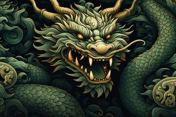 Fototapeta premium A close-up image of a green dragon head surrounded by other green dragon heads. This picture can be used for various fantasy-themed designs and illustrations.