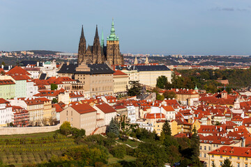 Fototapeta premium Autumn Prague City with gothic Castle, colorful Nature and Trees with blue Sky from the Hill Petrin, Czech Republic