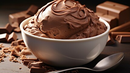 A close-up of a creamy chocolate ice cream scoop with velvety sauce drizzle, defined ridges, and glossy sheen, on a pristine white background. Perfect for dessert menus, food photography