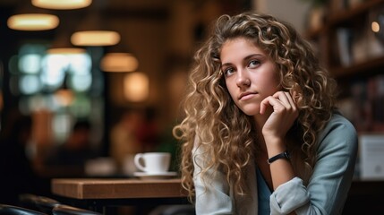 Young woman at a coffee shop, discreetly leaning in at a corner table, eavesdropping on an intense conversation at an adjacent table. Her focused eyes and hand near ear reveal her curiosity