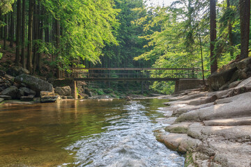 Mountain river Mumlava, Krkonose national park, Czech Republic,  summer afternoon, footbridge above river, Mumlava waterfall.