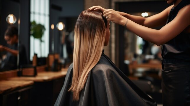 Skilled hairdresser expertly cuts client's hair in a sleek black and white salon. Precision and focus showcased as hands maneuver sharp scissors with hyper-realistic detail
