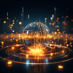 abstract glowing glass globe surrounded by glass rings