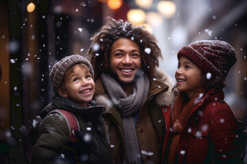 mixed-race family watching snow fall at Christmas