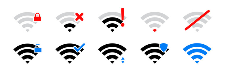 Wi-Fi and wireless icon. Internet connection status icons. Wi-Fi signal of a wireless connection. EPS 10 - obrazy, fototapety, plakaty