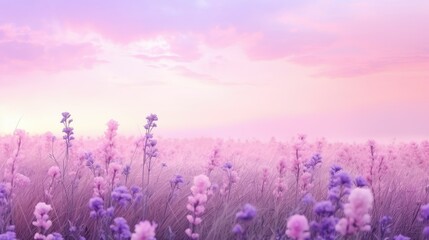 A breathtaking lavender field with soft shades of lilac and pastel pinks and blues. The blooming flowers sway in the gentle breeze, creating a tranquil and serene atmosphere. A picturesque landscape  - obrazy, fototapety, plakaty