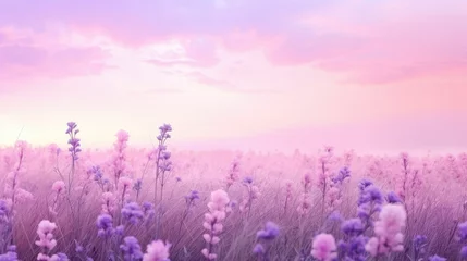 Fototapeten A breathtaking lavender field with soft shades of lilac and pastel pinks and blues. The blooming flowers sway in the gentle breeze, creating a tranquil and serene atmosphere. A picturesque landscape  © Aidas